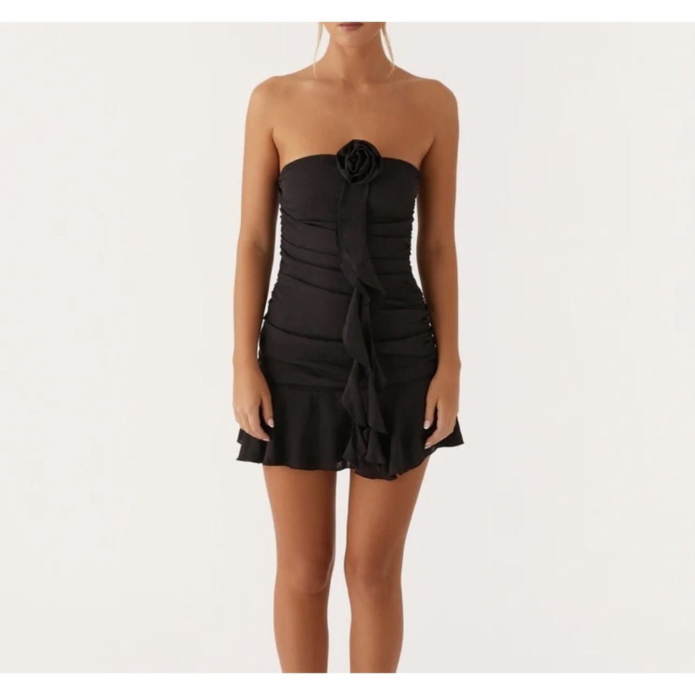 Peppermayo Jodie Mini Dress Strapless Black Rose Front Ruffle Ruched Size 12 NWT